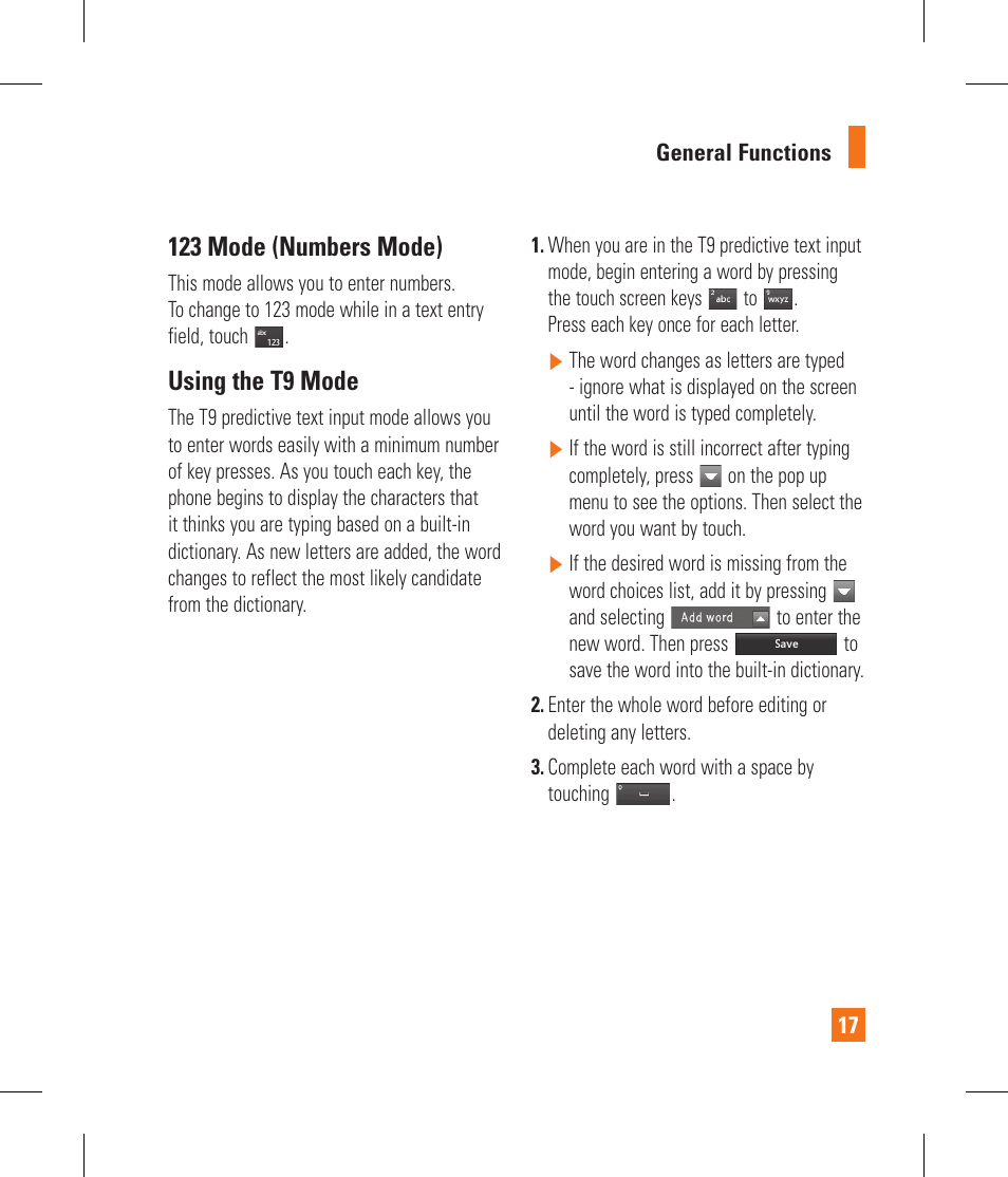 123 mode (numbers mode), Using the t9 mode | LG GS390GO User Manual | Page 22 / 129