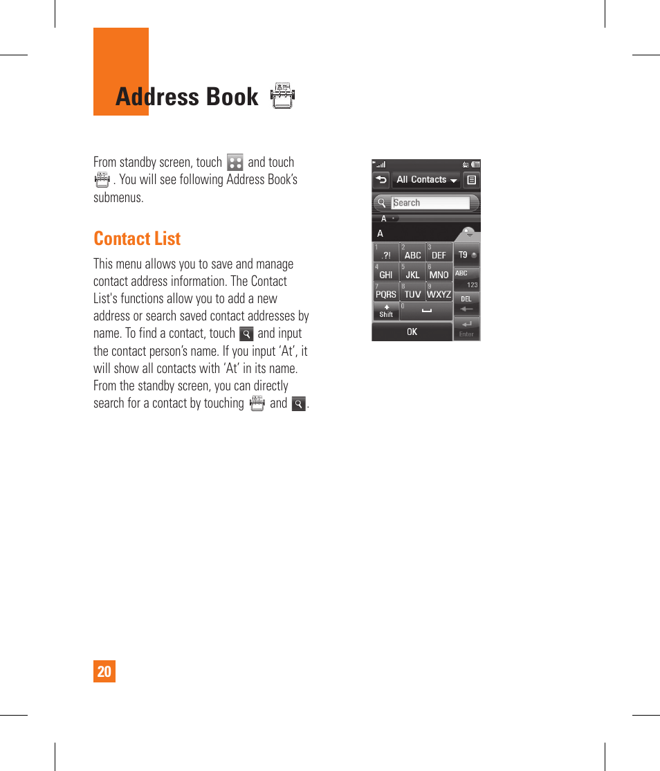 Address book, Contact list | LG GS390GO User Manual | Page 25 / 129