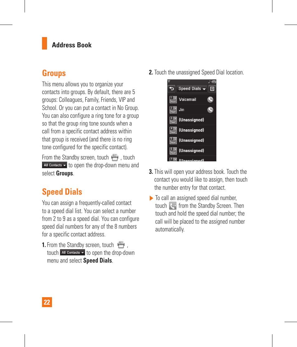 Groups, Speed dials | LG GS390GO User Manual | Page 27 / 129