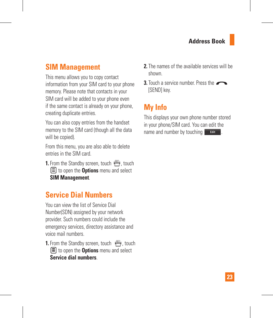 Sim management, Service dial numbers, My info | LG GS390GO User Manual | Page 28 / 129