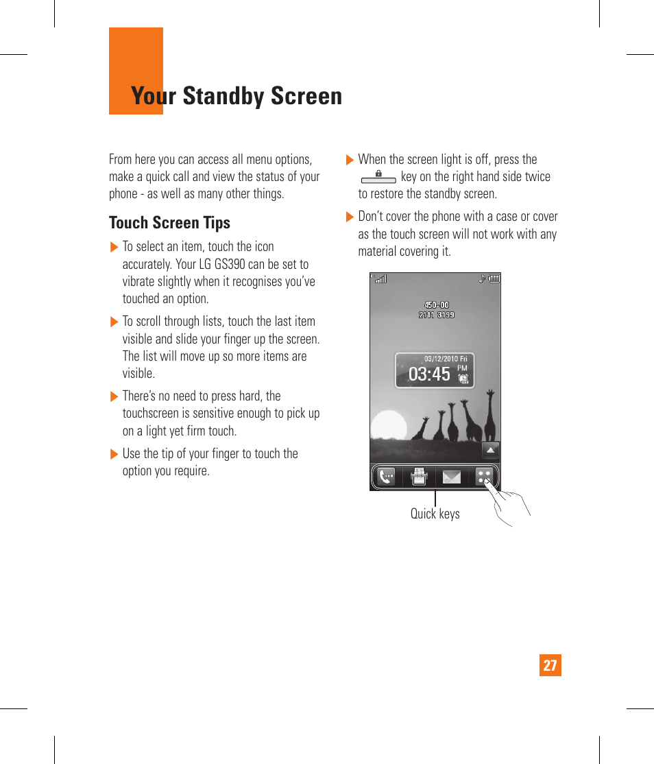 Your standby screen, Touch screen tips | LG GS390GO User Manual | Page 32 / 129