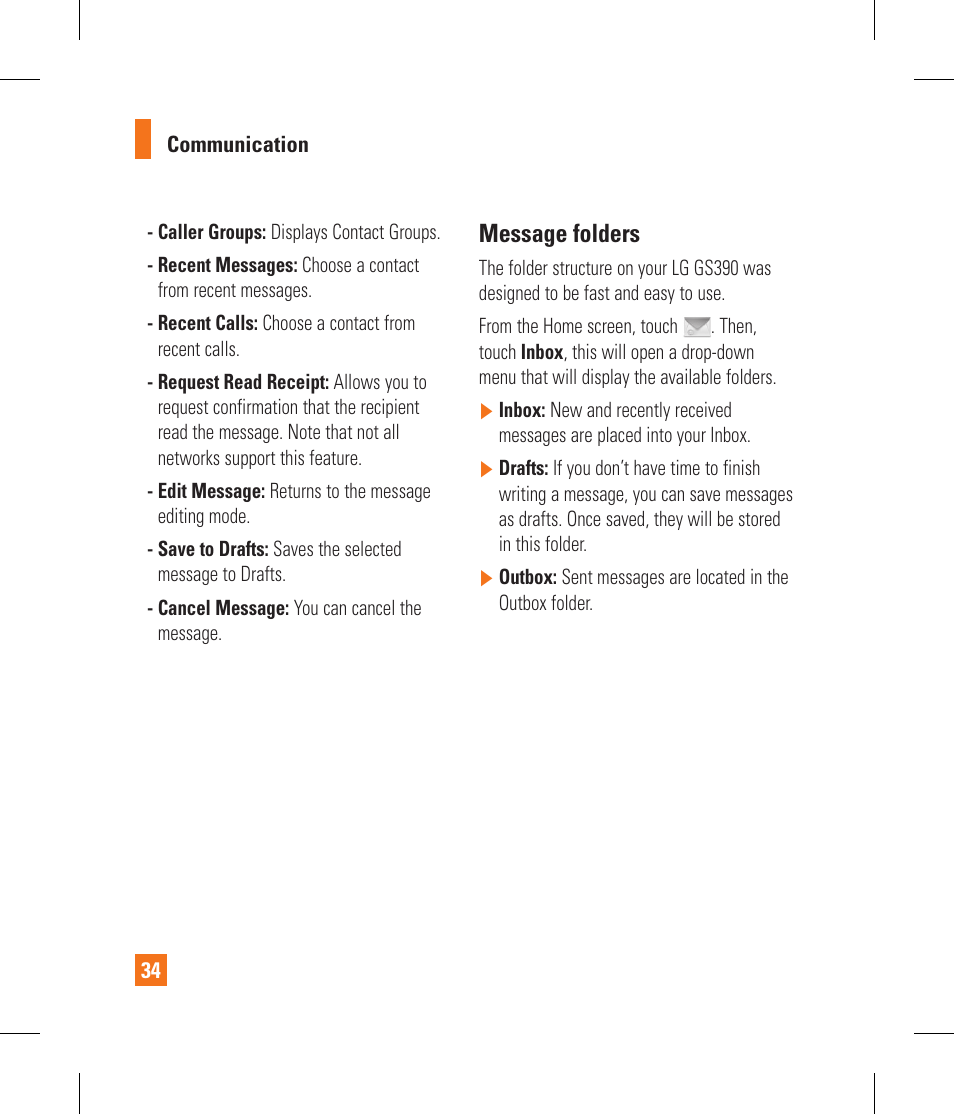 Message folders | LG GS390GO User Manual | Page 39 / 129