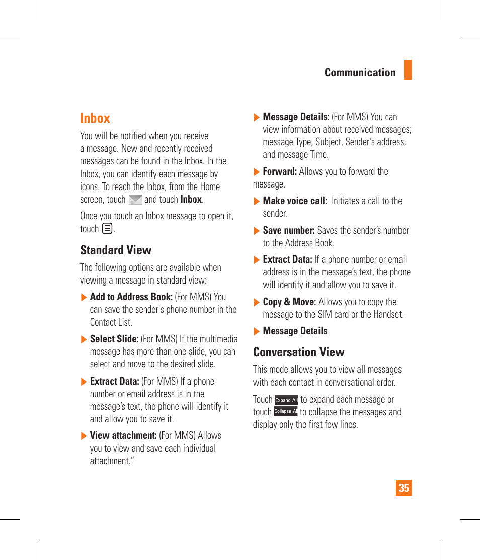 Inbox, Standard view, Conversation view | LG GS390GO User Manual | Page 40 / 129