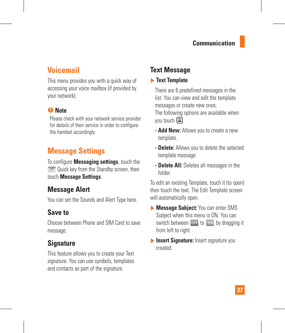 Voicemail, Message settings | LG GS390GO User Manual | Page 42 / 129