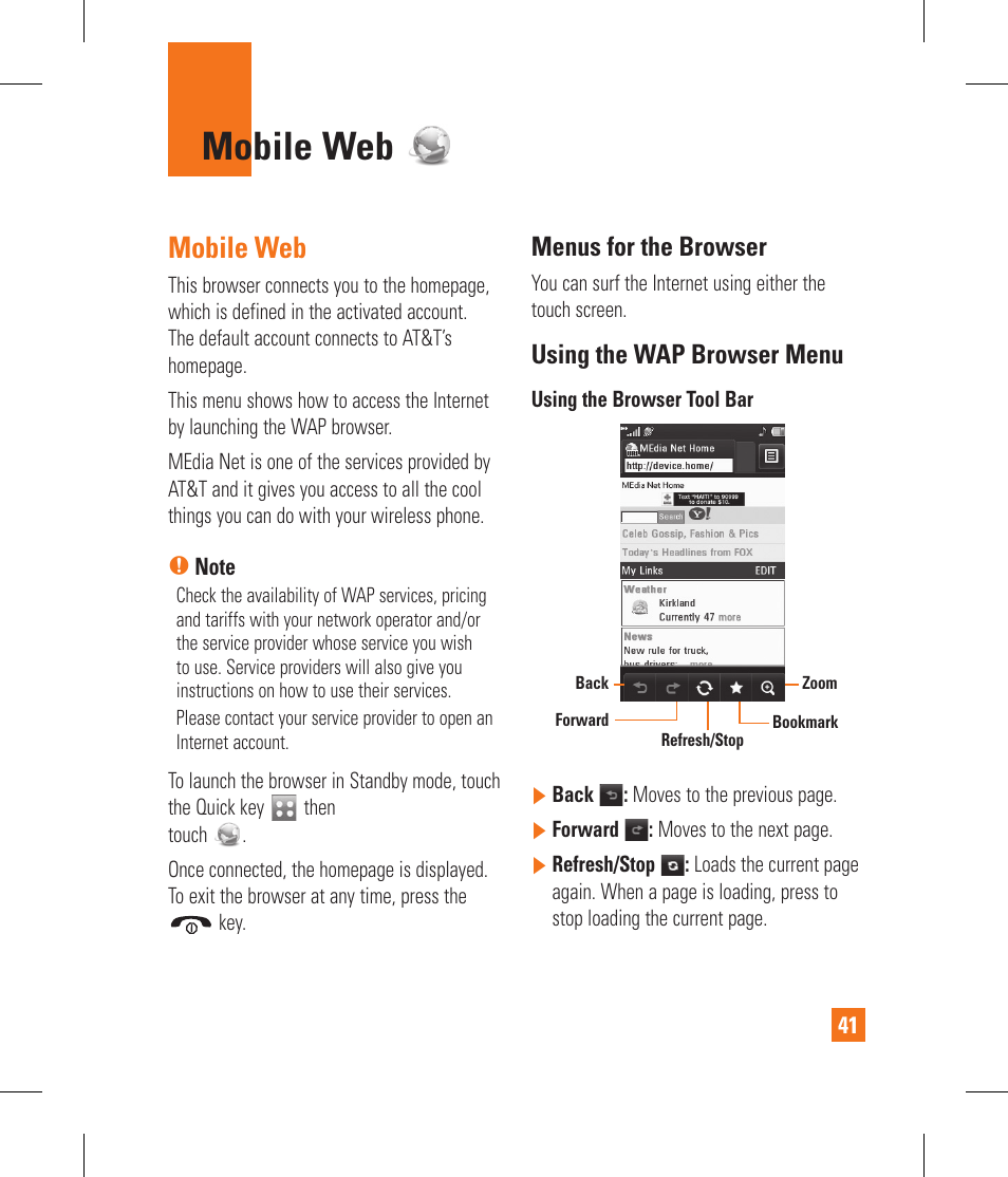 Mobile web, Menus for the browser, Using the wap browser menu | LG GS390GO User Manual | Page 46 / 129