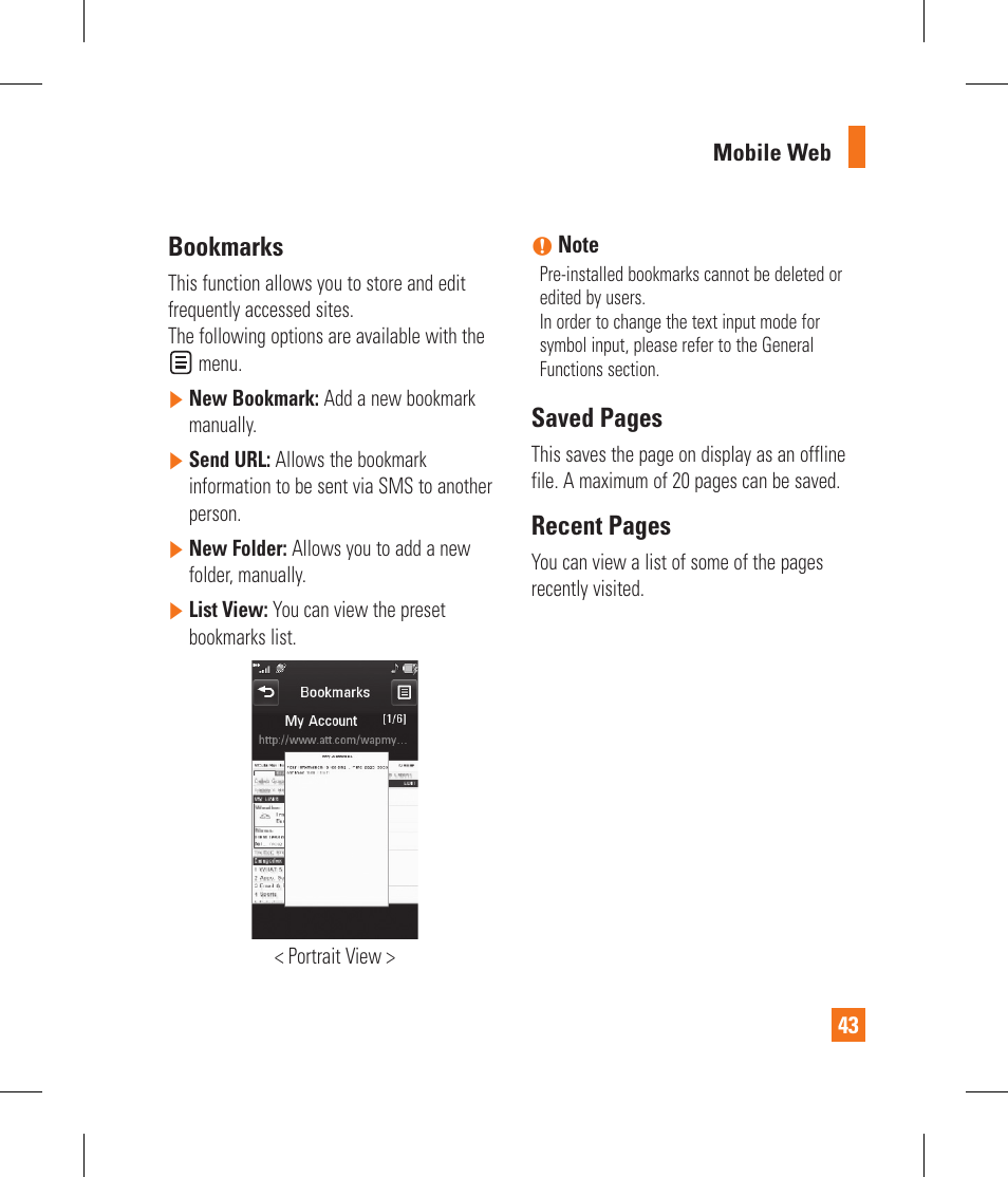 Bookmarks, Saved pages, Recent pages | LG GS390GO User Manual | Page 48 / 129