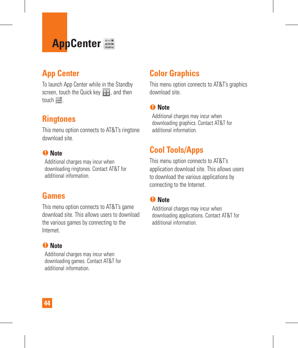 Appcenter, App center, Ringtones | Games, Color graphics, Cool tools/apps | LG GS390GO User Manual | Page 49 / 129