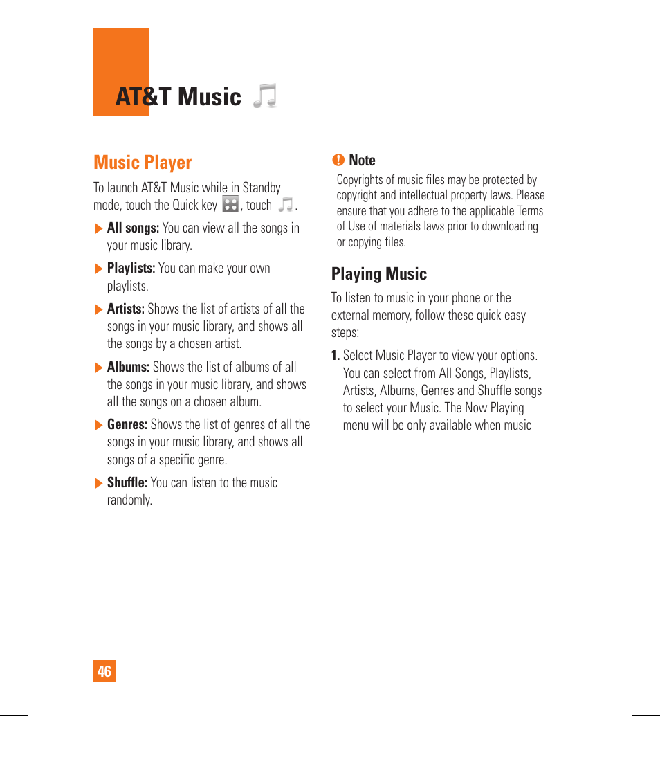 At&t music, Music player, Playing music | LG GS390GO User Manual | Page 51 / 129