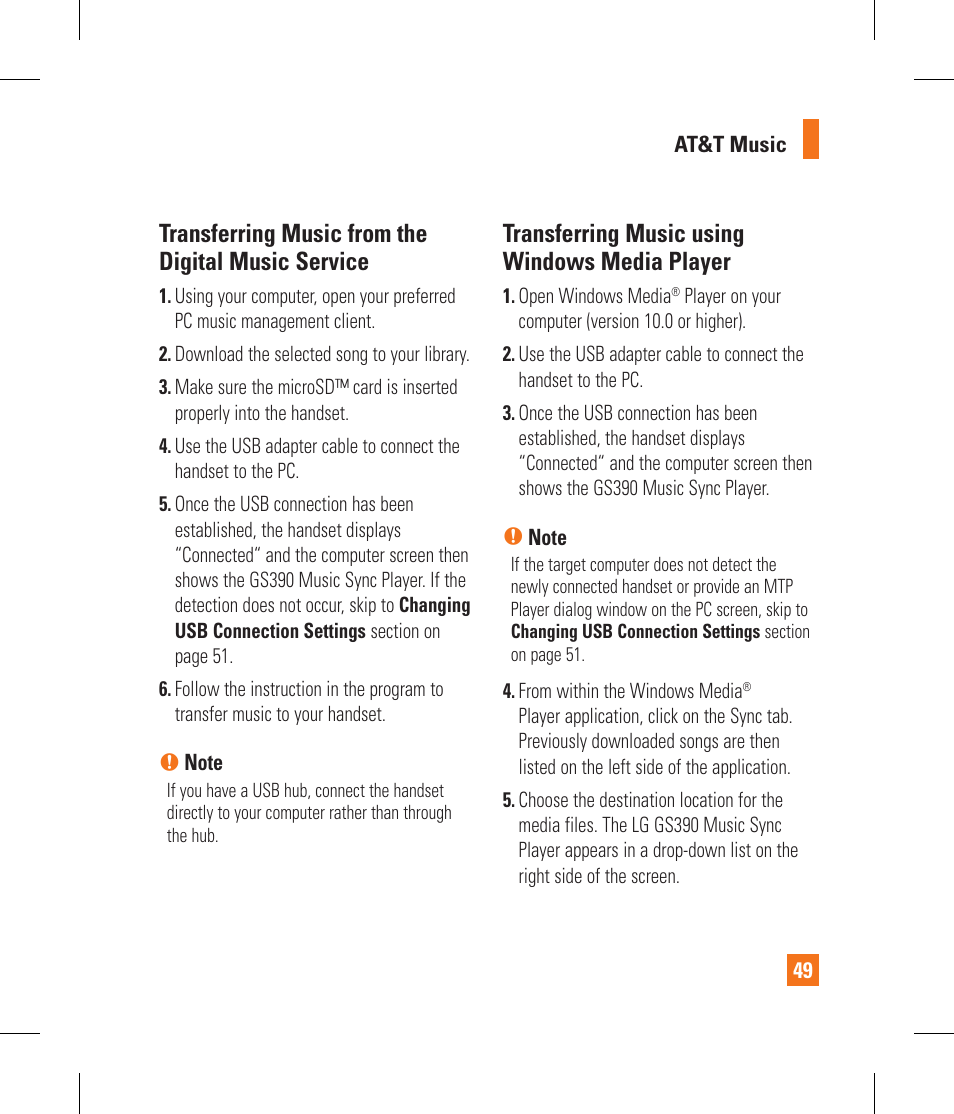 Transferring music from the digital music service, Transferring music using windows media player | LG GS390GO User Manual | Page 54 / 129