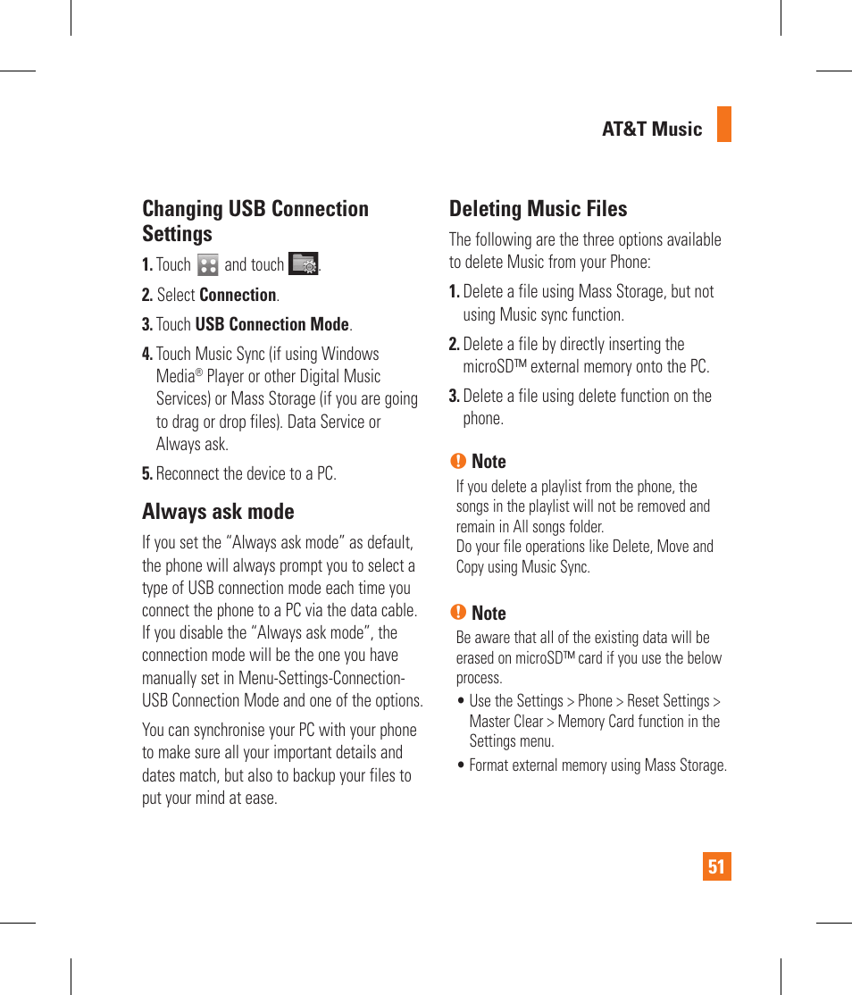 Changing usb connection settings, Always ask mode, Deleting music files | LG GS390GO User Manual | Page 56 / 129