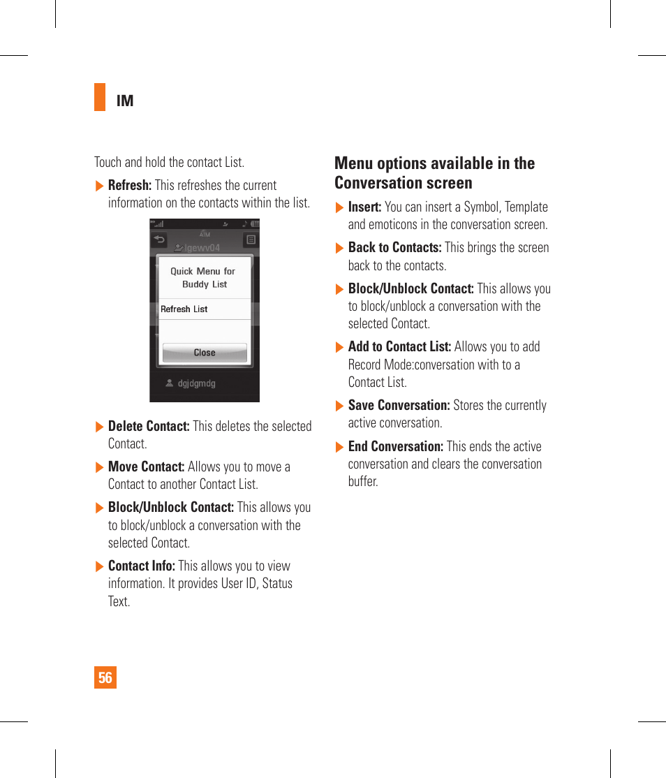 Menu options available in the conversation screen | LG GS390GO User Manual | Page 61 / 129