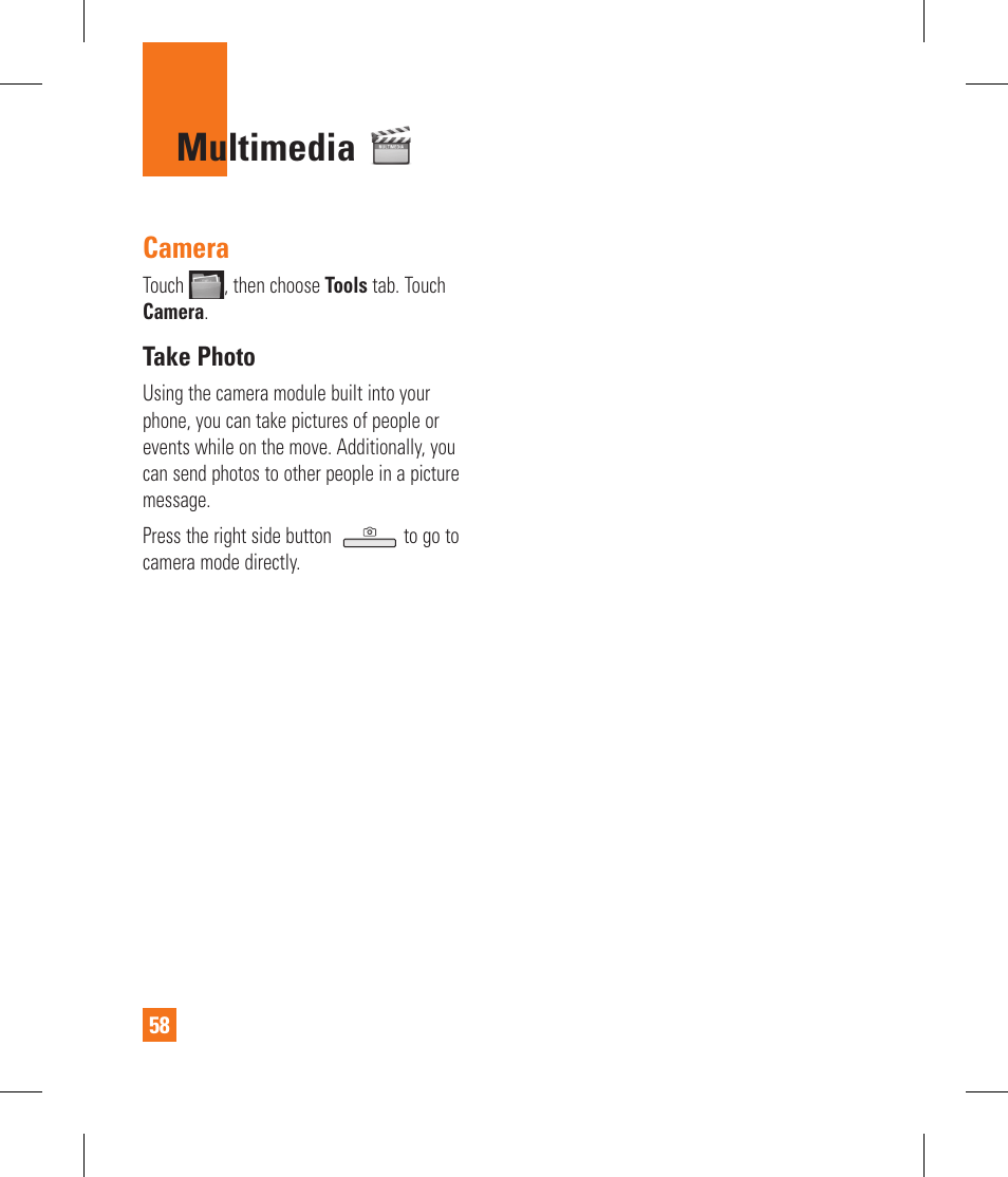 Multimedia, Camera | LG GS390GO User Manual | Page 63 / 129