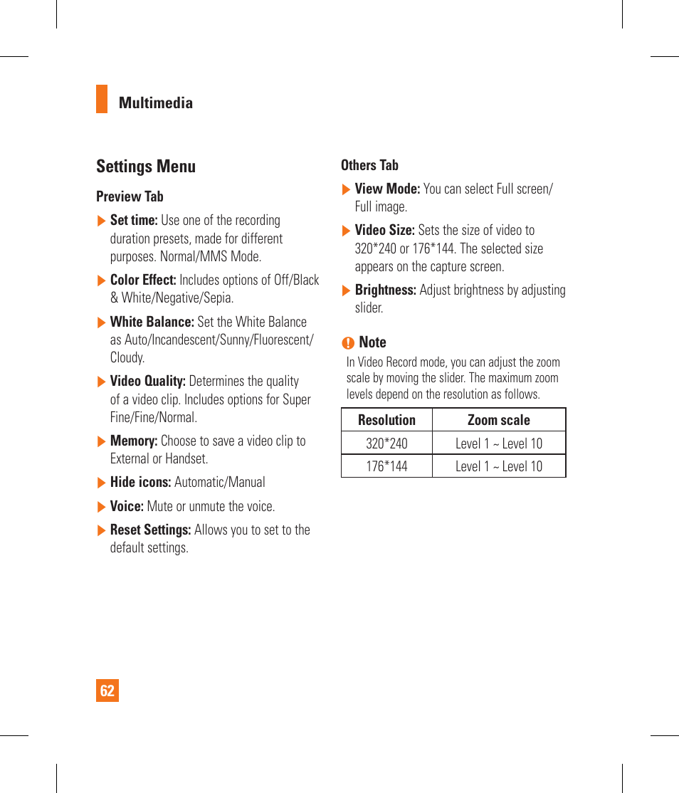 Settings menu | LG GS390GO User Manual | Page 67 / 129