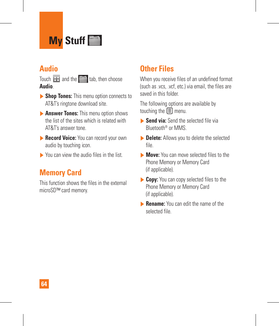 My stuff, Audio, Other files | LG GS390GO User Manual | Page 69 / 129