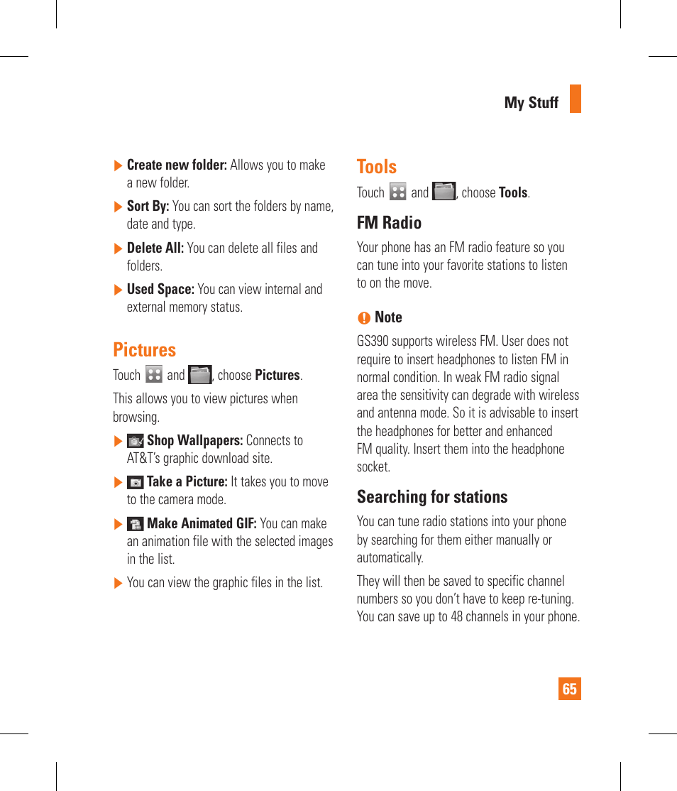 Pictures, Tools, Fm radio | Searching for stations | LG GS390GO User Manual | Page 70 / 129