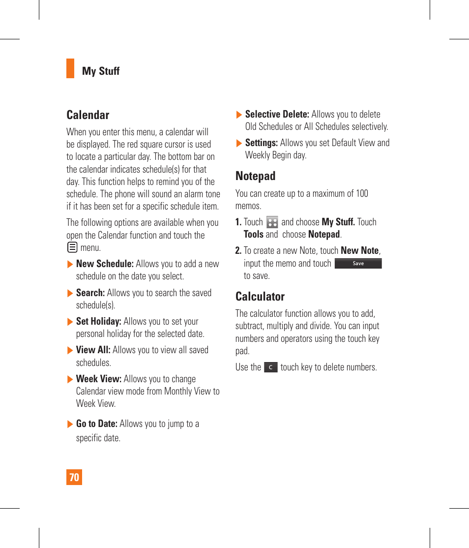Calendar, Calculator | LG GS390GO User Manual | Page 75 / 129
