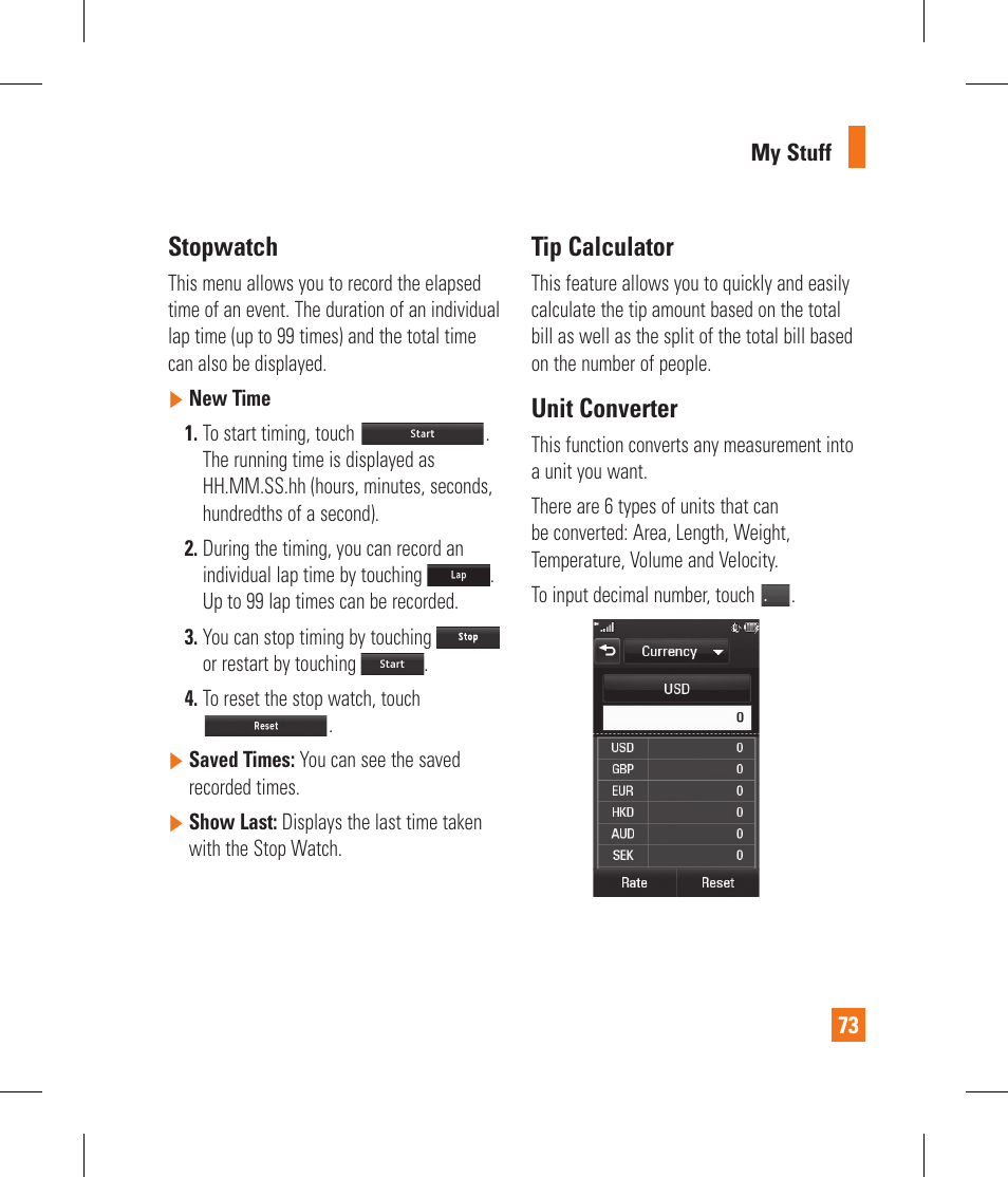 Stopwatch, Tip calculator, Unit converter | LG GS390GO User Manual | Page 78 / 129