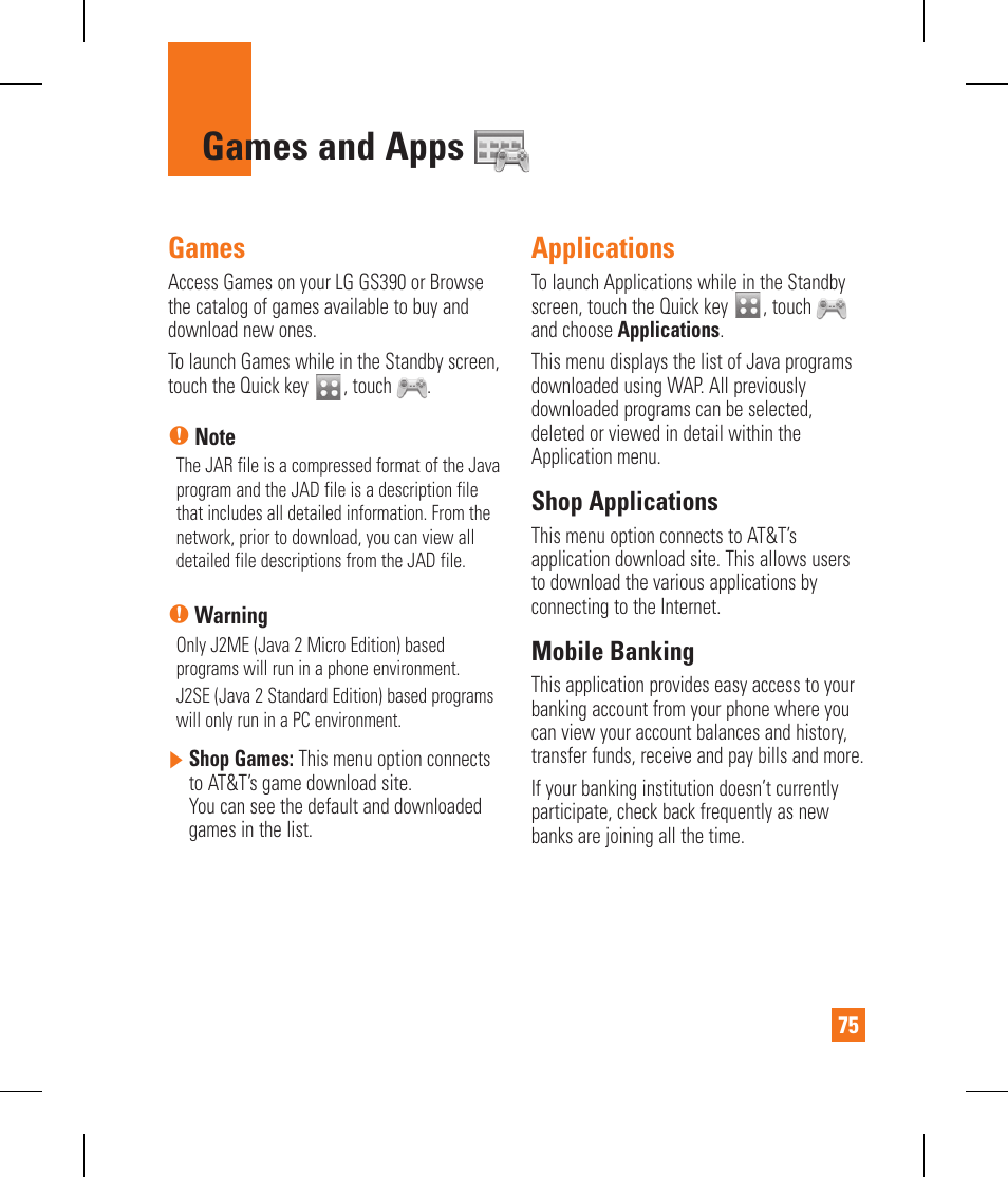 Games and apps, Games, Applications | LG GS390GO User Manual | Page 80 / 129
