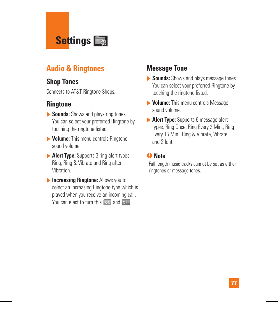 Settings, Audio & ringtones, Shop tones | Ringtone, Message tone | LG GS390GO User Manual | Page 82 / 129