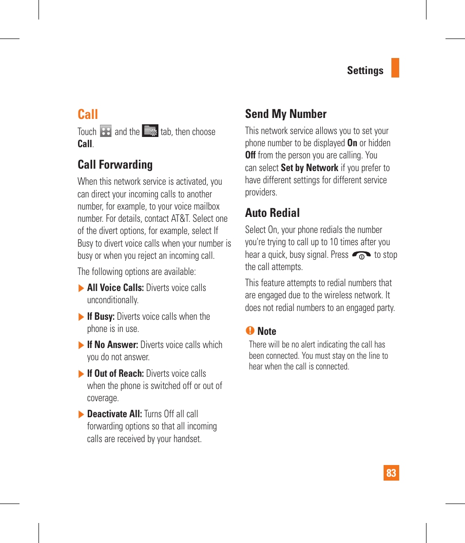 Call, Call forwarding, Send my number | Auto redial | LG GS390GO User Manual | Page 88 / 129