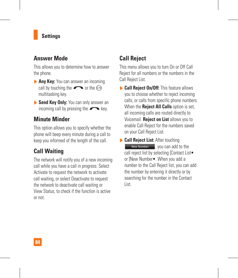Answer mode, Minute minder, Call waiting | Call reject | LG GS390GO User Manual | Page 89 / 129