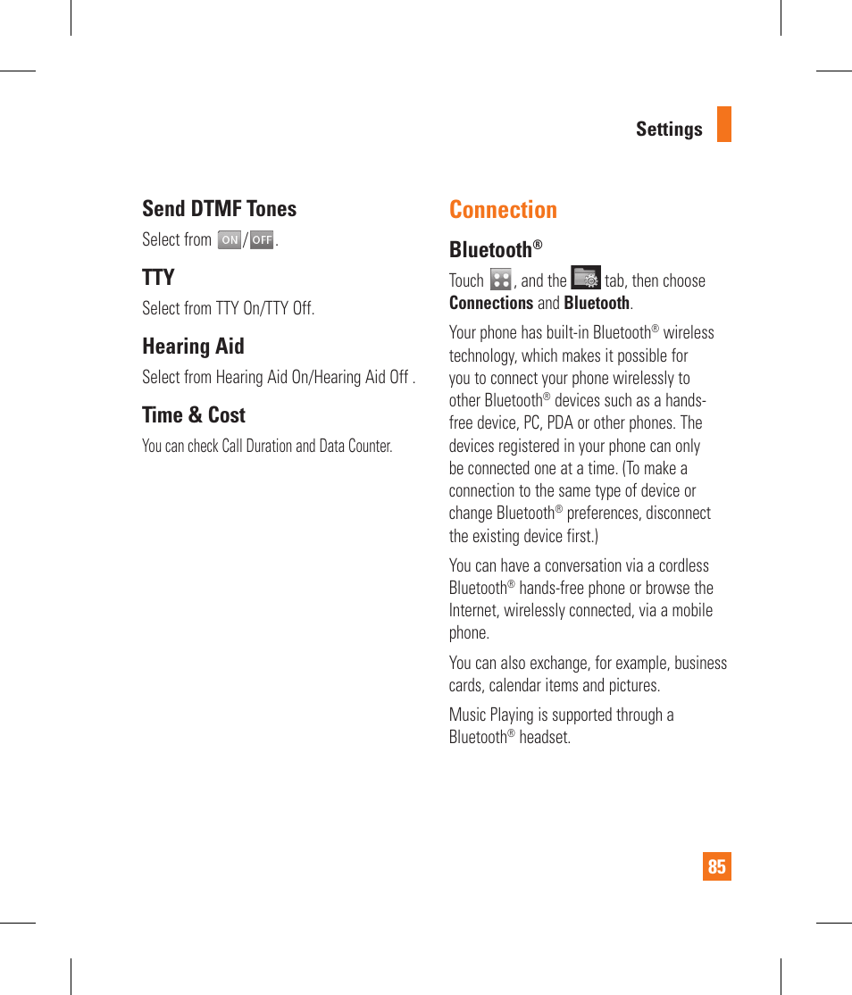 Connection, Send dtmf tones, Hearing aid | Time & cost, Bluetooth | LG GS390GO User Manual | Page 90 / 129