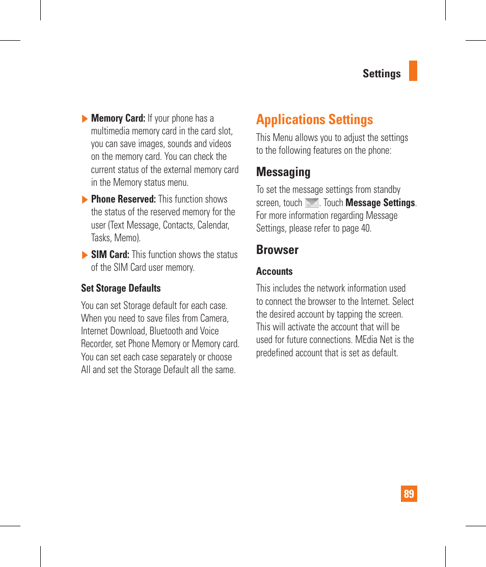 Applications settings, Messaging, Browser | LG GS390GO User Manual | Page 94 / 129