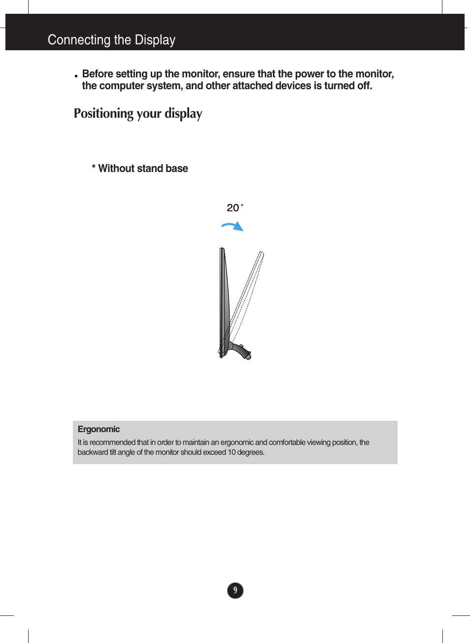 Without stand base, Connecting the display, Positioning your display | LG E2250V-SN User Manual | Page 10 / 33