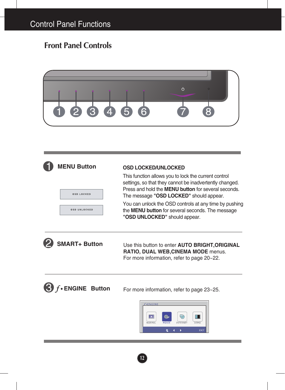 Control panel functions, Front panel controls, Control panel functions front panel controls | LG E2250V-SN User Manual | Page 13 / 33
