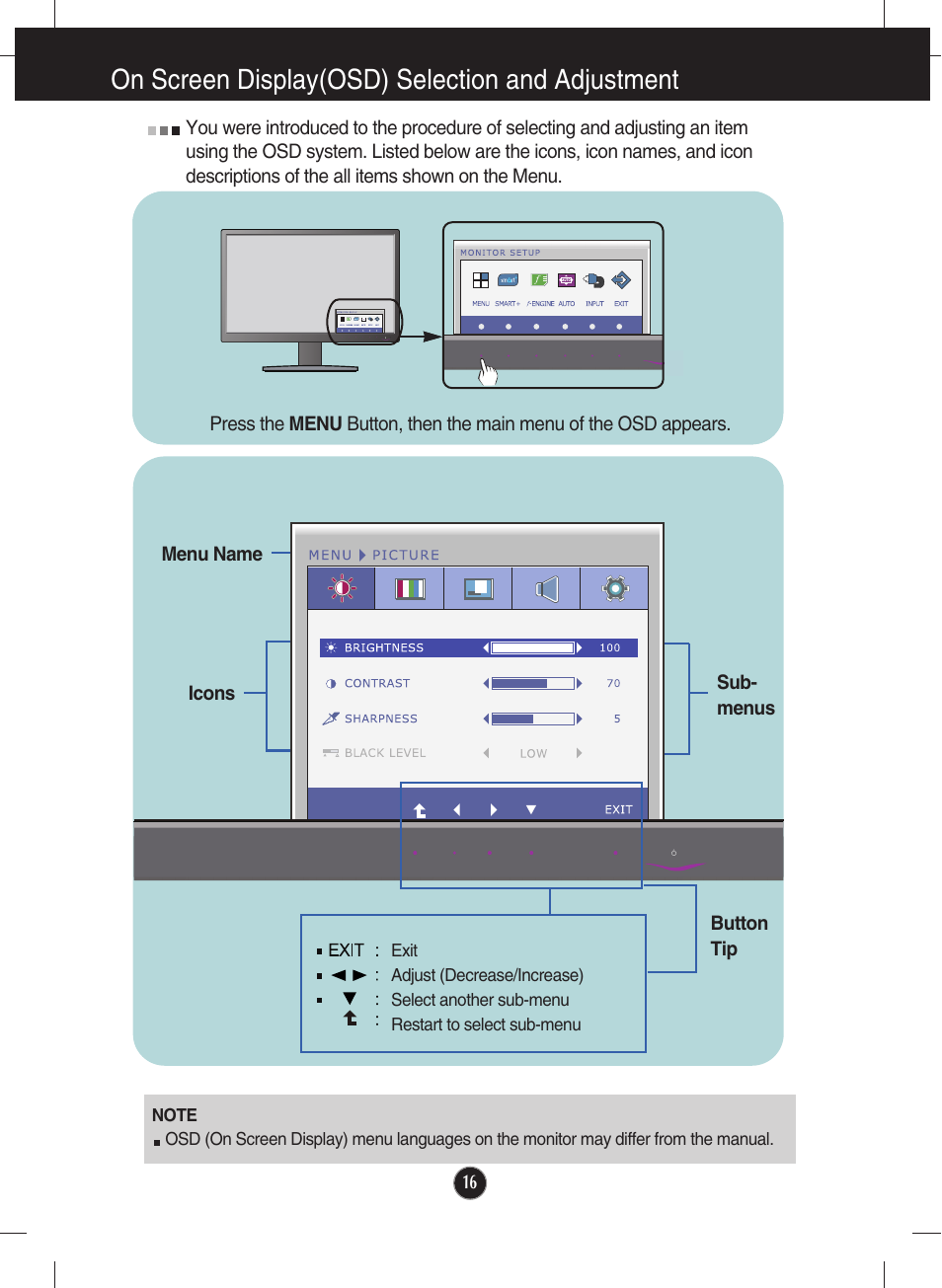 On screen display(osd) selection and adjustment | LG E2250V-SN User Manual | Page 17 / 33