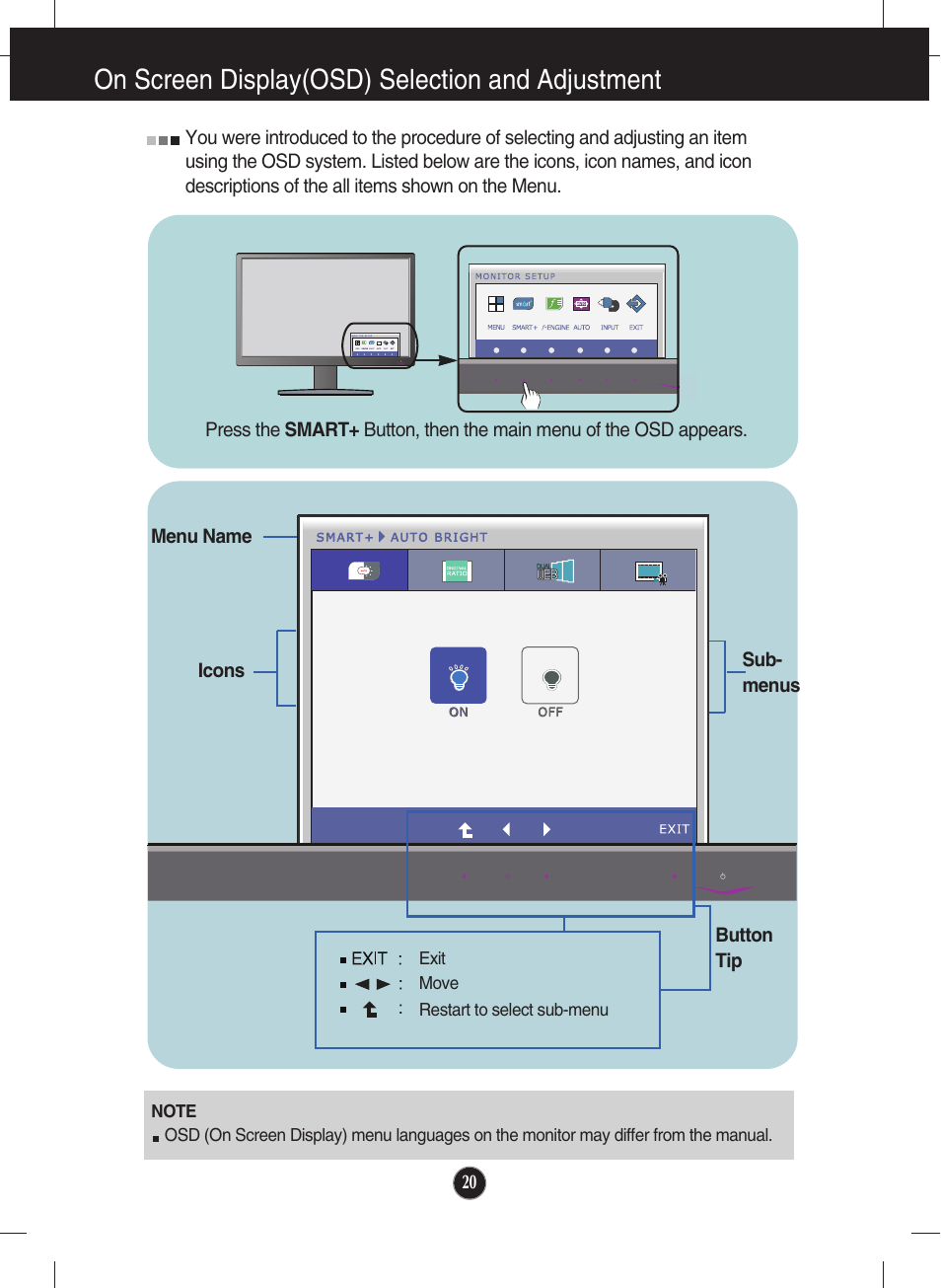 On screen display(osd) selection and adjustment | LG E2250V-SN User Manual | Page 21 / 33