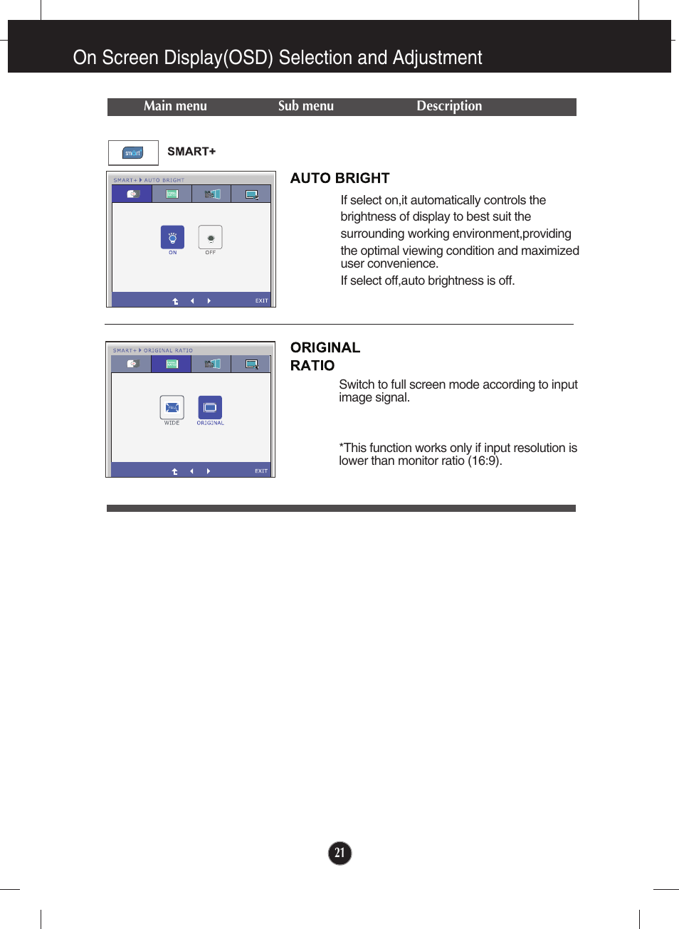 Auto bright, Original ratio, On screen display(osd) selection and adjustment | LG E2250V-SN User Manual | Page 22 / 33