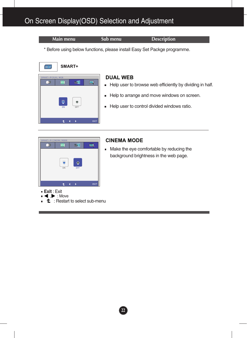 Dual web, Cinema mode, On screen display(osd) selection and adjustment | LG E2250V-SN User Manual | Page 23 / 33