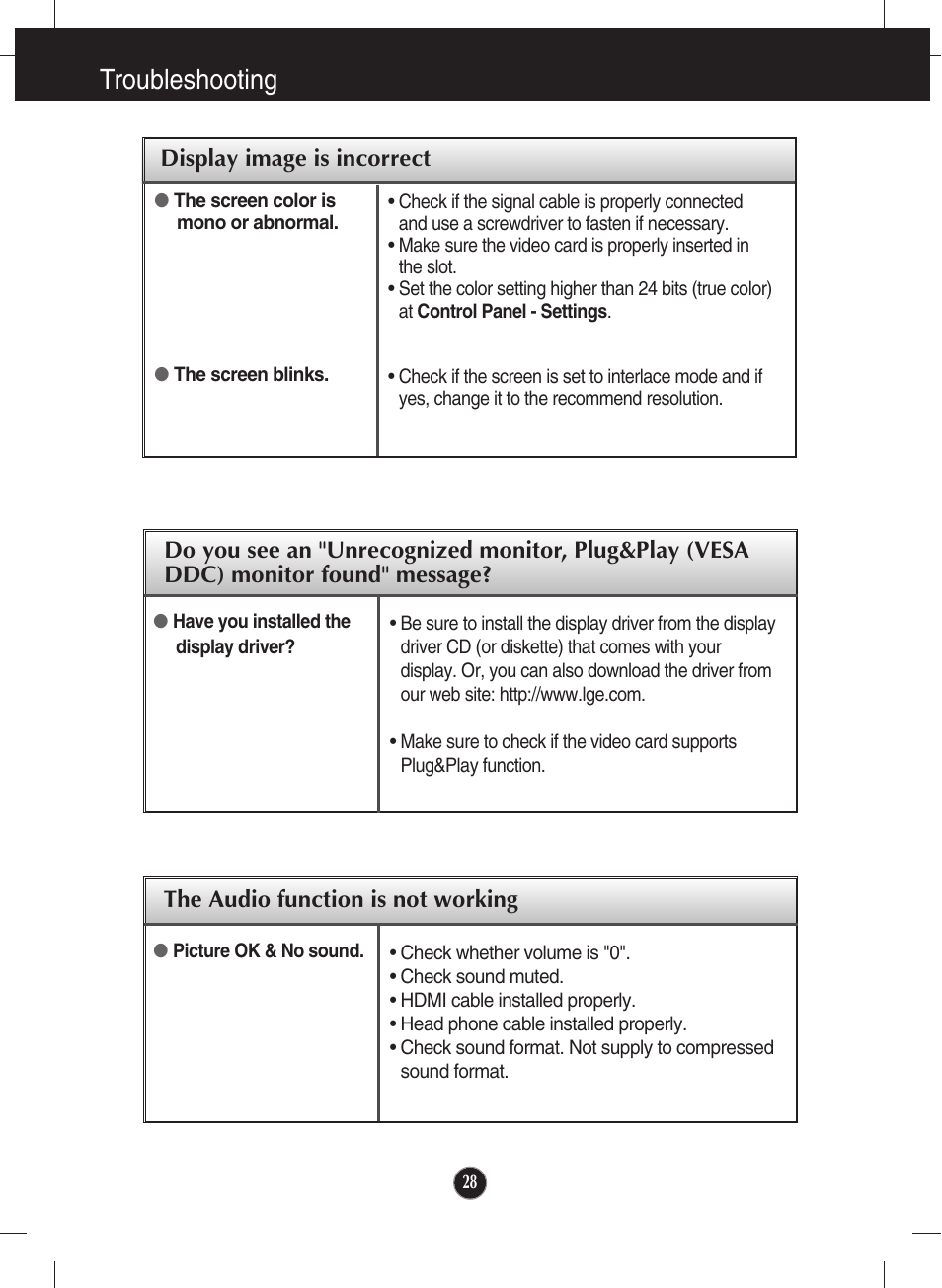 The audio function is not working, Troubleshooting | LG E2250V-SN User Manual | Page 29 / 33