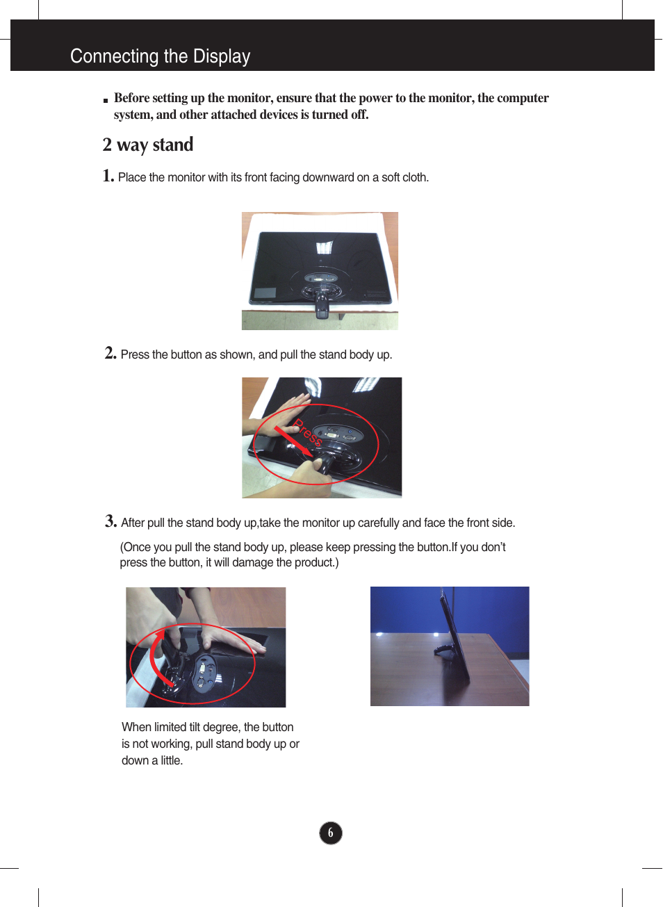 2 way stand, Connecting the display | LG E2250V-SN User Manual | Page 7 / 33