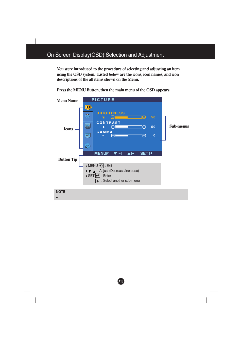 On screen display(osd) selection and adjustment | LG L194WTX-BF User Manual | Page 14 / 28
