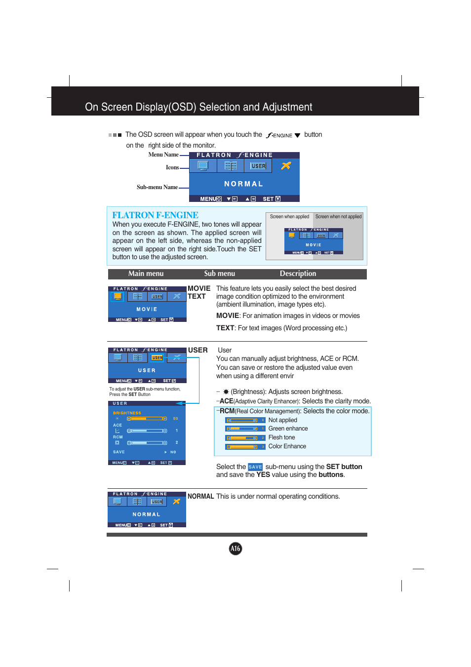 Flatron f-engine, On screen display(osd) selection and adjustment | LG L194WTX-BF User Manual | Page 17 / 28