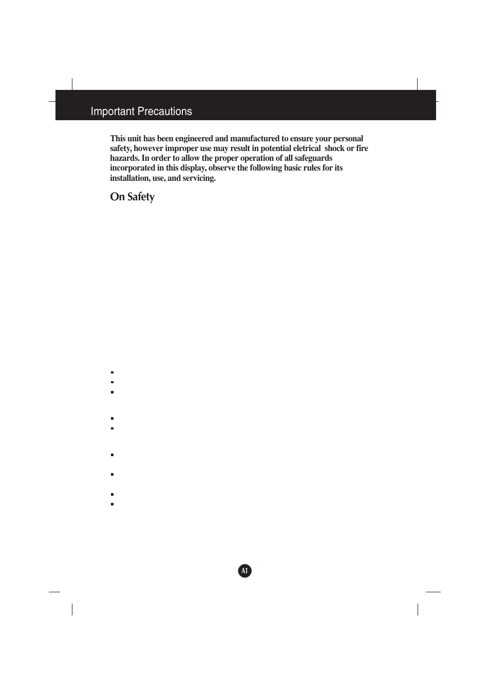 Important precautions, On safety | LG L194WTX-BF User Manual | Page 2 / 28