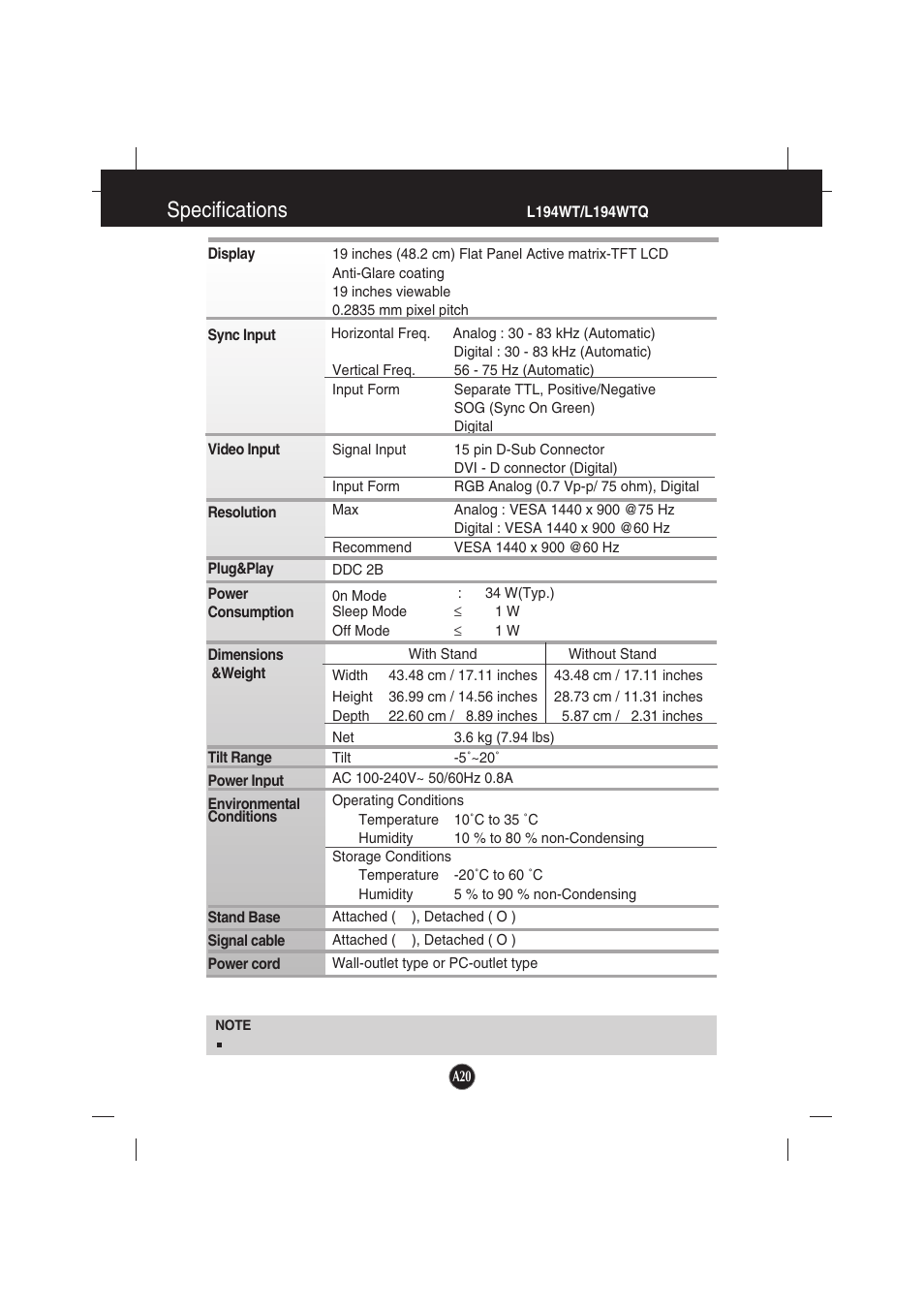 Specifications, L194wt/l194wtq/l194wtx | LG L194WTX-BF User Manual | Page 21 / 28