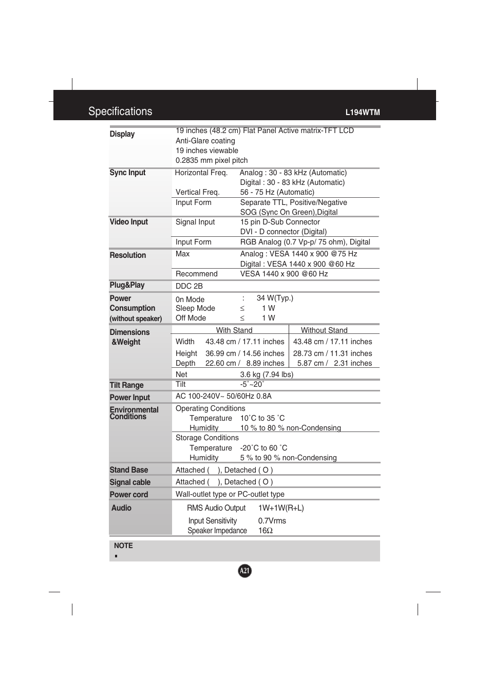 L194wtm, Specifications | LG L194WTX-BF User Manual | Page 22 / 28