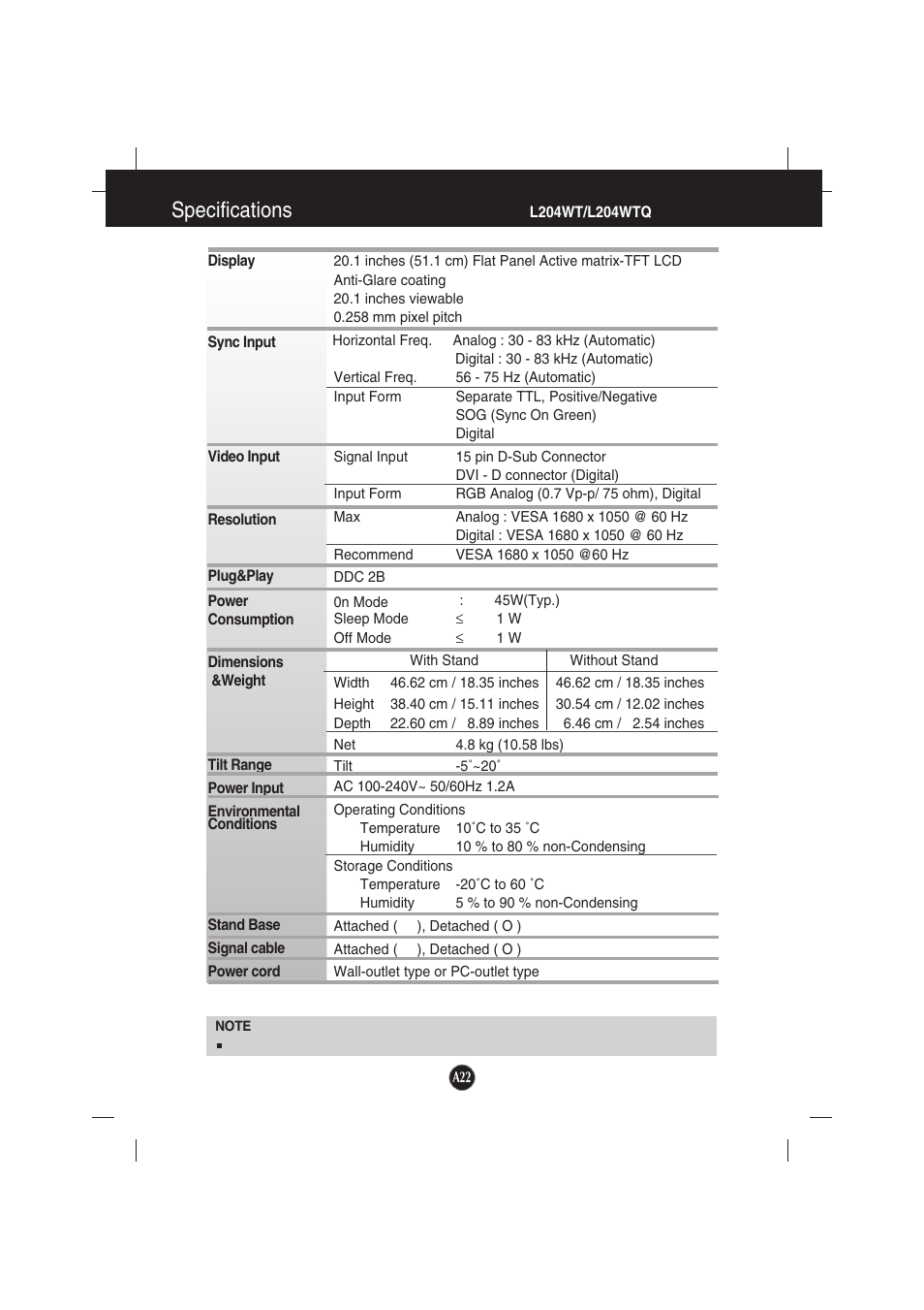 L204wt/l204wtq/l204wtx, Specifications | LG L194WTX-BF User Manual | Page 23 / 28