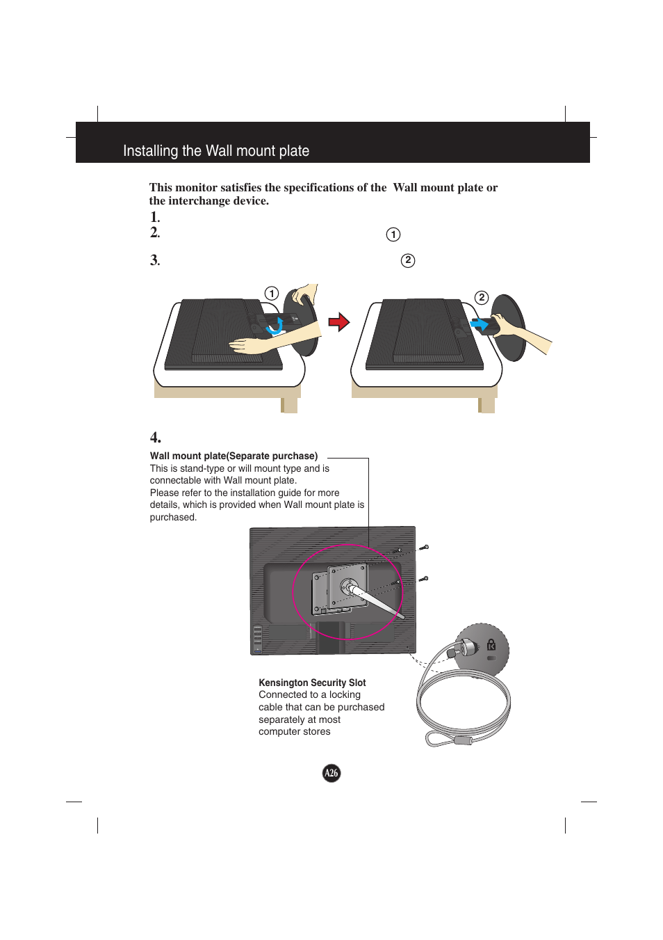 Installing the wall mount plate, Install the wall mount plate | LG L194WTX-BF User Manual | Page 27 / 28