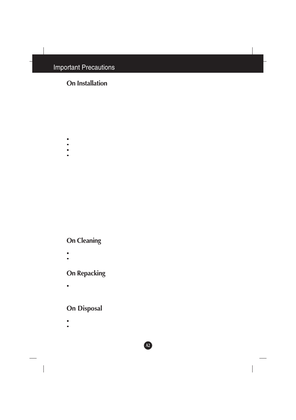 On installation, On cleaning, On repacking | On disposal, Important precautions on installation | LG L194WTX-BF User Manual | Page 3 / 28