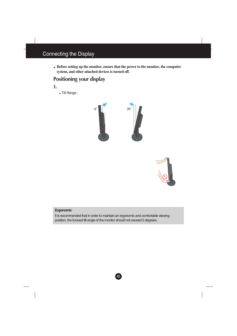 Positioning your display, Connecting the display | LG L194WTX-BF User Manual | Page 6 / 28