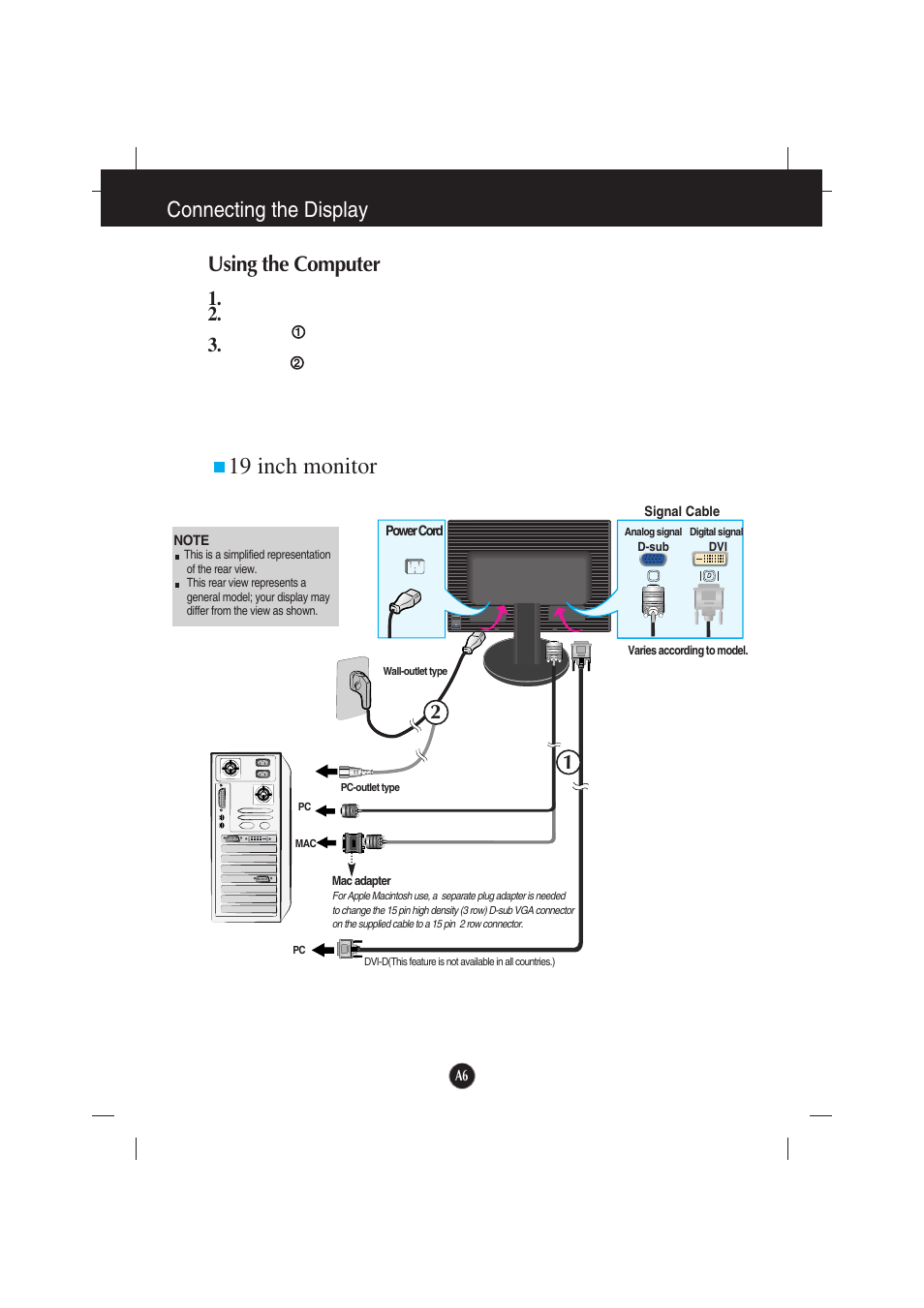 Using the computer, 19 inch monitor, Connecting the display using the computer | LG L194WTX-BF User Manual | Page 7 / 28
