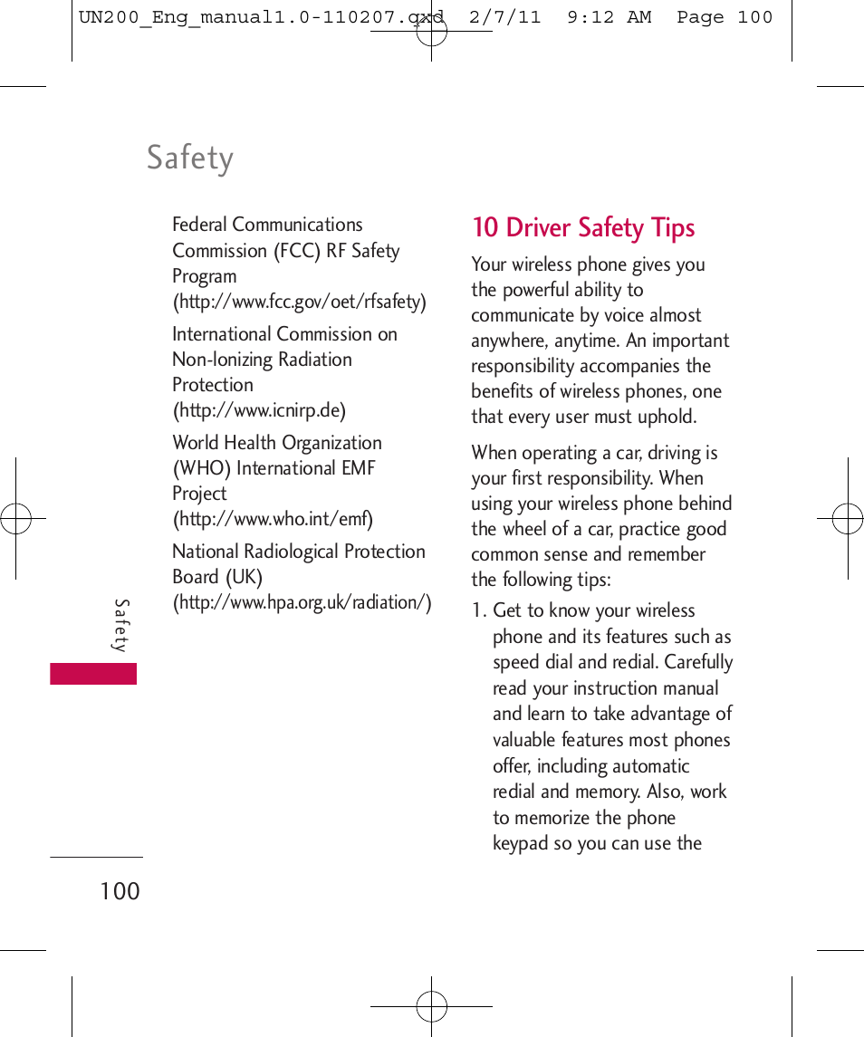 Safety, 10 driver safety tips | LG UN200 User Manual | Page 100 / 120