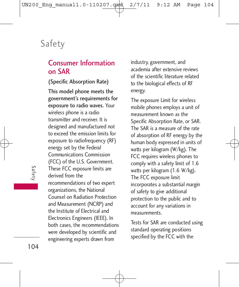 Safety, Consumer information on sar | LG UN200 User Manual | Page 104 / 120