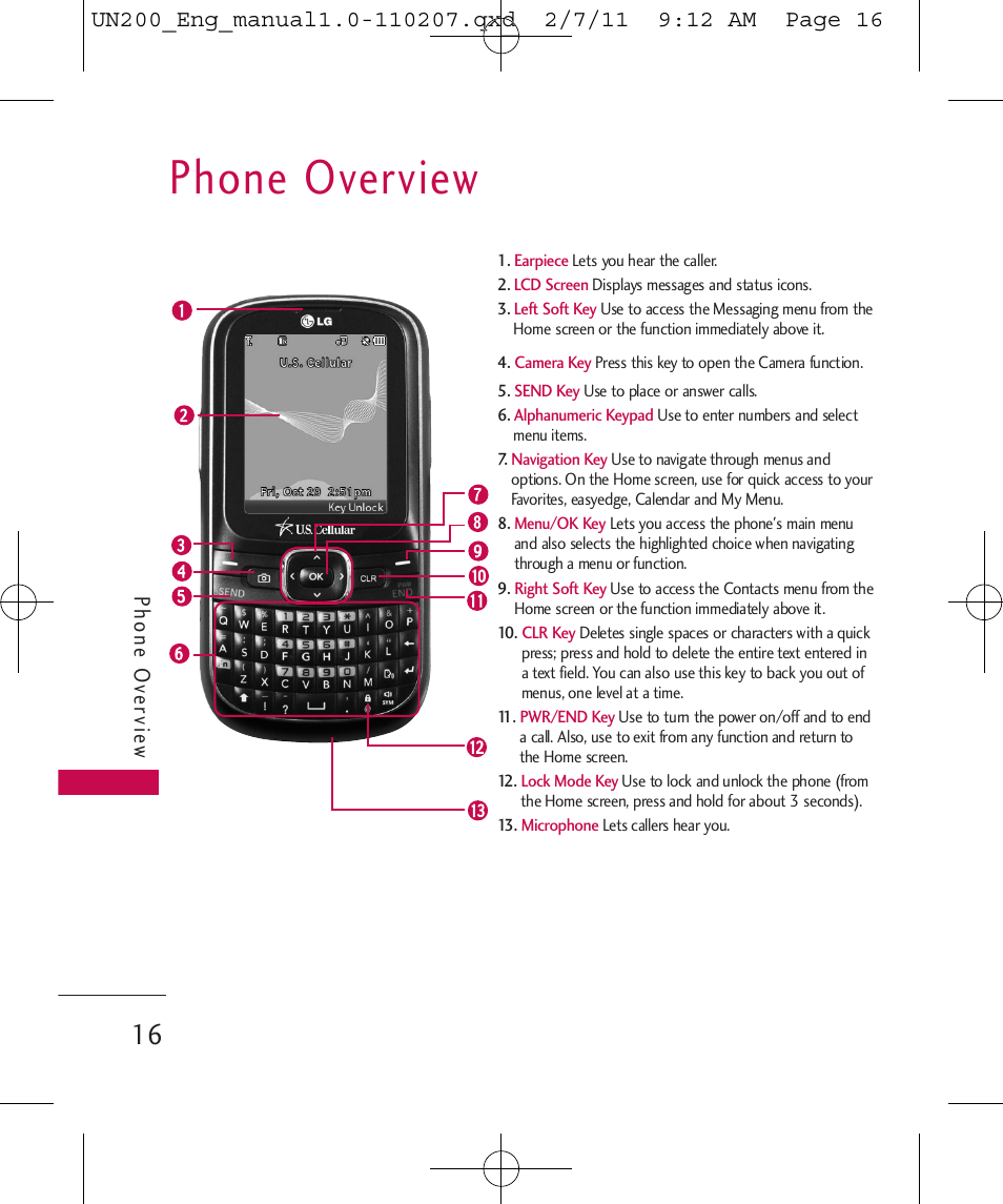 Phone overview, Phone ov ervie w | LG UN200 User Manual | Page 16 / 120