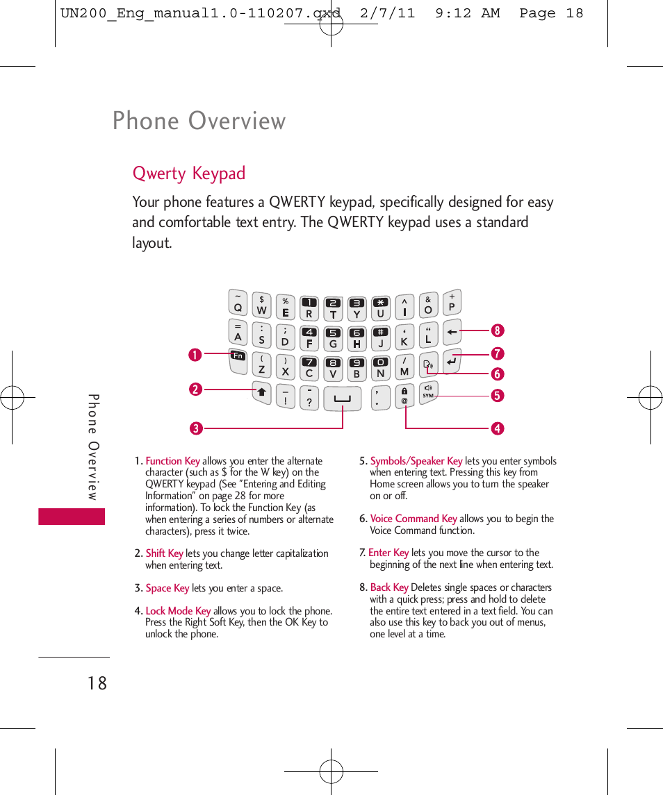 Phone overview, Qwerty keypad, Phone ov ervie w | LG UN200 User Manual | Page 18 / 120