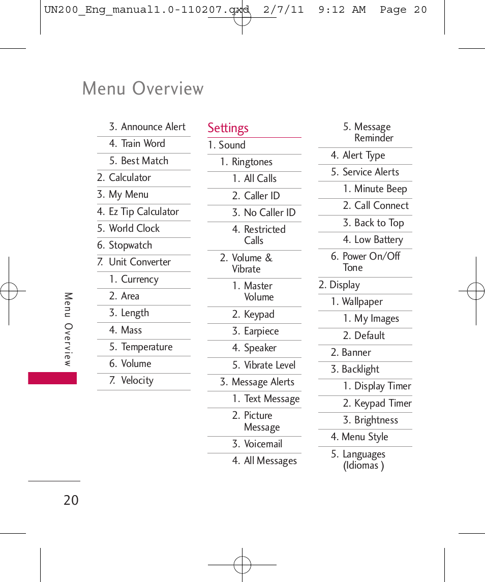 Menu overview, Settings | LG UN200 User Manual | Page 20 / 120